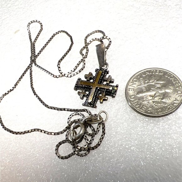 Jerusalem Silver Crusaders Five Cross Pendant Necklace 925 Box Chain 18" Vintage - Picture 4 of 6